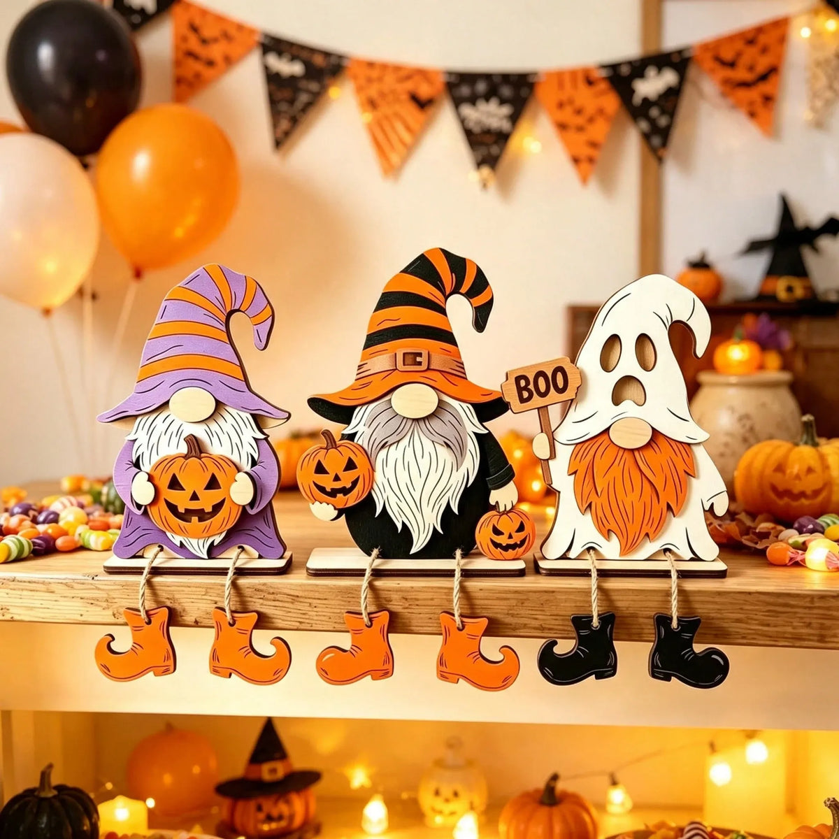 1/3 Pieces3D Fall Halloween Wooden PumpkinGnome Desktop Decoration With Swinging RopeBoots, Witch Hat, Skull, Ghost, Maple Leaf FarmhouseLayered Tray, Perfect For Fall Thanksgiving, WallDecoration, Party Decoration