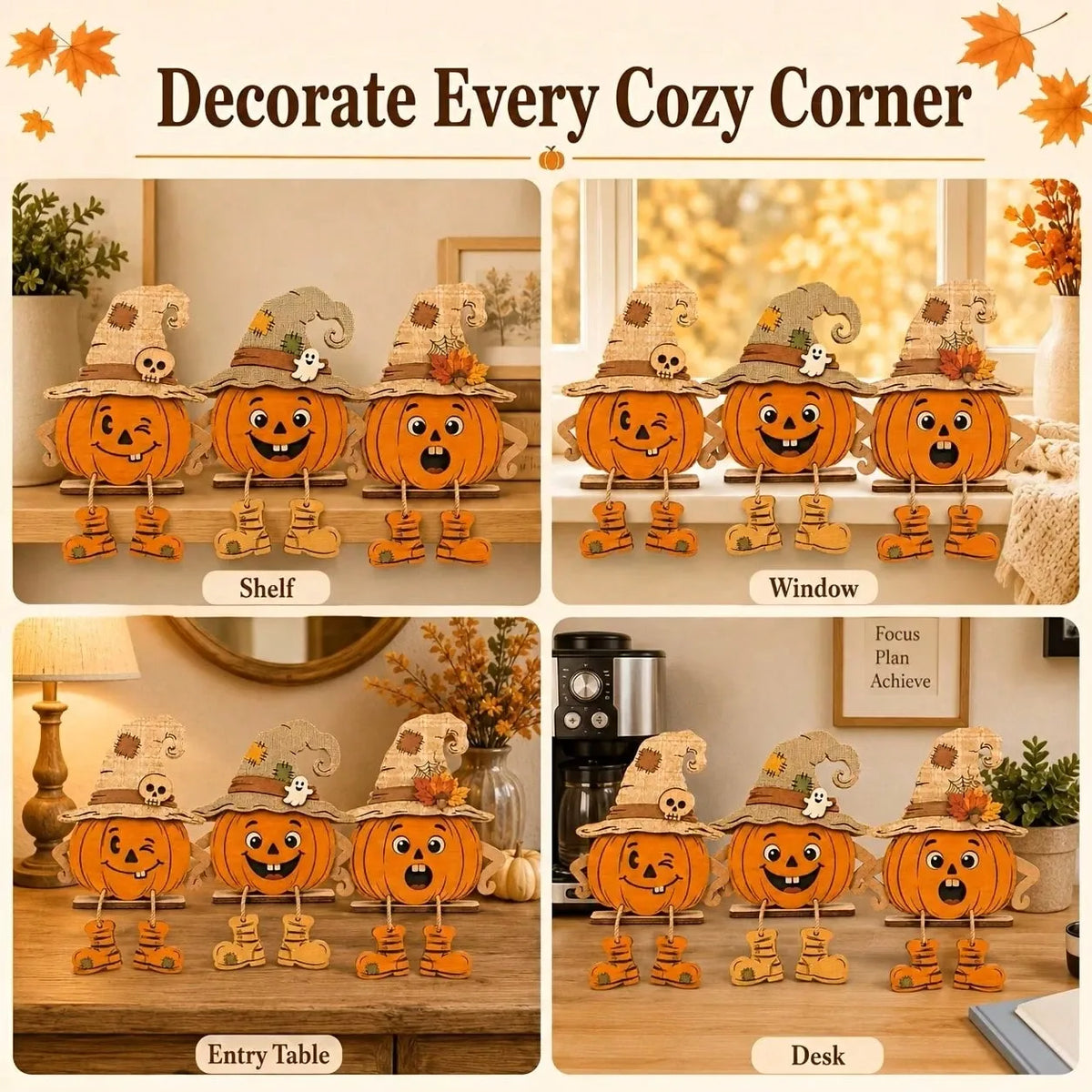 1/3 Pieces3D Fall Halloween Wooden PumpkinGnome Desktop Decoration With Swinging RopeBoots, Witch Hat, Skull, Ghost, Maple Leaf FarmhouseLayered Tray, Perfect For Fall Thanksgiving, WallDecoration, Party Decoration
