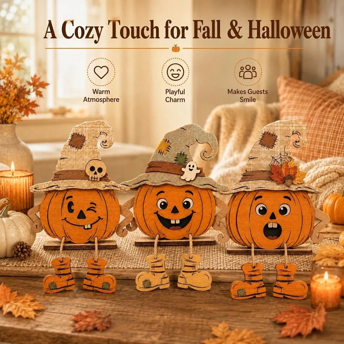 1/3 Pieces3D Fall Halloween Wooden PumpkinGnome Desktop Decoration With Swinging RopeBoots, Witch Hat, Skull, Ghost, Maple Leaf FarmhouseLayered Tray, Perfect For Fall Thanksgiving, WallDecoration, Party Decoration