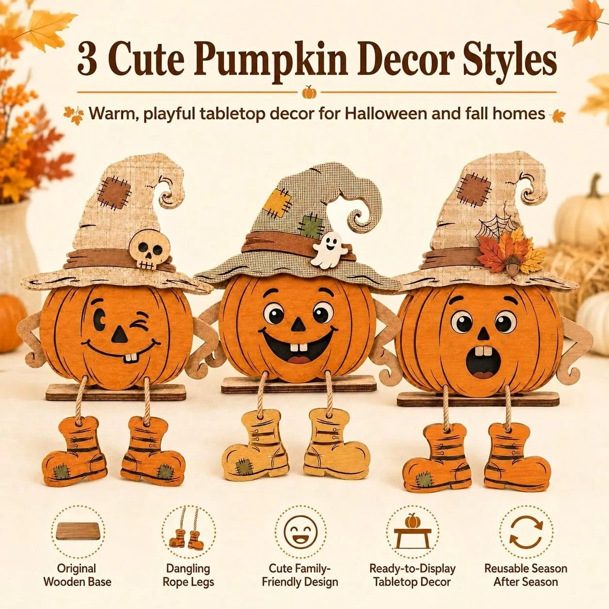 1/3 Pieces3D Fall Halloween Wooden PumpkinGnome Desktop Decoration With Swinging RopeBoots, Witch Hat, Skull, Ghost, Maple Leaf FarmhouseLayered Tray, Perfect For Fall Thanksgiving, WallDecoration, Party Decoration