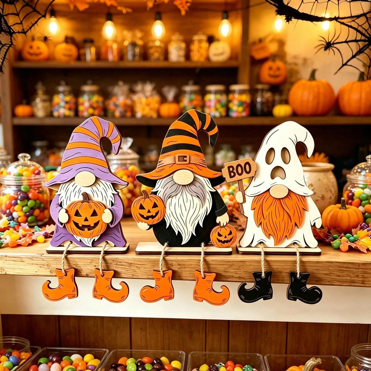 1/3 Pieces3D Fall Halloween Wooden PumpkinGnome Desktop Decoration With Swinging RopeBoots, Witch Hat, Skull, Ghost, Maple Leaf FarmhouseLayered Tray, Perfect For Fall Thanksgiving, WallDecoration, Party Decoration
