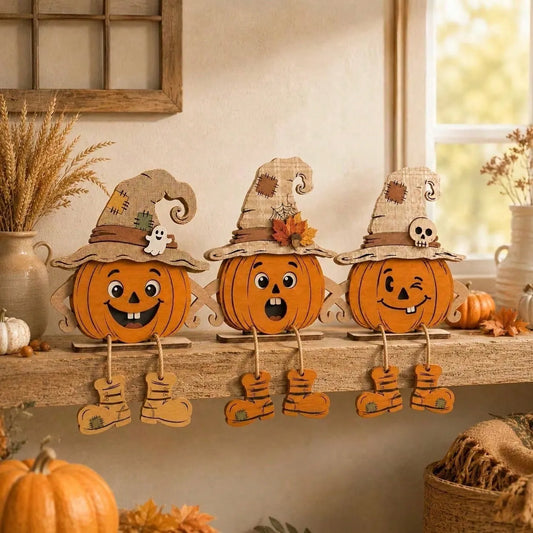 1/3 Pieces3D Fall Halloween Wooden PumpkinGnome Desktop Decoration With Swinging RopeBoots, Witch Hat, Skull, Ghost, Maple Leaf FarmhouseLayered Tray, Perfect For Fall Thanksgiving, WallDecoration, Party Decoration