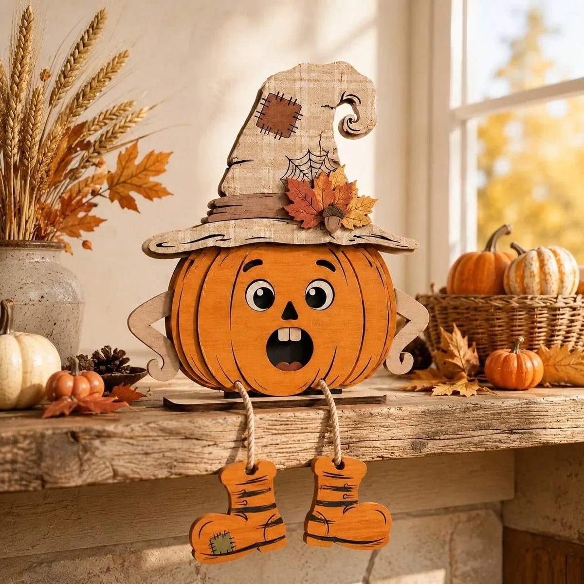 1/3 Pieces3D Fall Halloween Wooden PumpkinGnome Desktop Decoration With Swinging RopeBoots, Witch Hat, Skull, Ghost, Maple Leaf FarmhouseLayered Tray, Perfect For Fall Thanksgiving, WallDecoration, Party Decoration